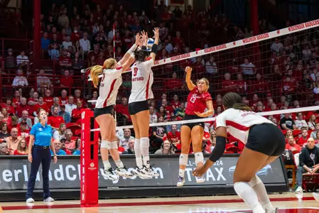 Sarah Franklin and CC Crawford block an opposing attack vs Indiana