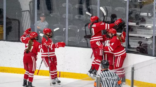 Wisconsin women's hockey celebrates a goal against Lindenwood on Sept. 29, 2023