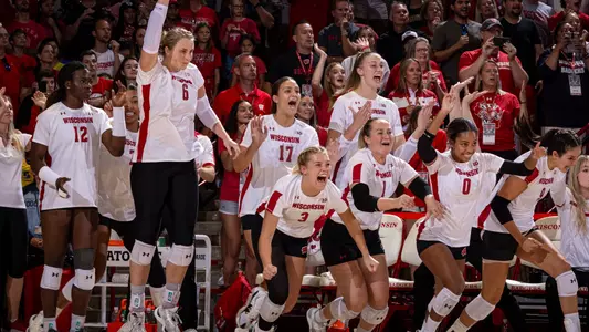 The Wisconsin bench celebrates when they beat Tennessee.