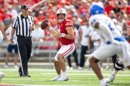 Wisconsin Badgers quarterback Tanner Mordecai (8) throws the ball during an NCAA college football game against the Buffalo Bulls, Saturday, Sept. 2 2023 in Madison, Wis. The Badgers won 38-17. (Photo by David Stluka/Wisconsin Athletic Communications)