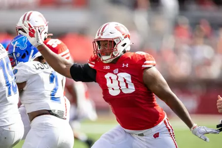 Wisconsin Badgers defensive lineman James Thompson Jr. (90) during an NCAA college football game against the Buffalo Bulls, Saturday, Sept. 2 2023 in Madison, Wis. The Badgers won 38-17. (Photo by David Stluka/Wisconsin Athletic Communications)