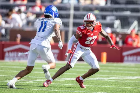 Wisconsin Badgers defensive back Jason Maitre (23) defends during an NCAA college football game against the Buffalo Bulls, Saturday, Sept. 2 2023 in Madison, Wis. The Badgers won 38-17. (Photo by David Stluka/Wisconsin Athletic Communications)