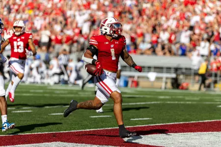 Wisconsin Badgers running back Chez Mellusi scores a touchdown on an 89 yard run during an NCAA college football game against the Buffalo Bulls, Saturday, Sept. 2 2023 in Madison, Wis. The Badgers won 38-17. (Photo by David Stluka/Wisconsin Athletic Communications)
