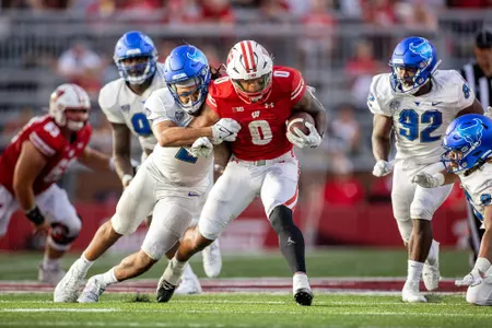 Wisconsin Badgers running back Braelon Allen (0) carries the ball during an NCAA college football game against the Buffalo Bulls, Saturday, Sept. 2 2023 in Madison, Wis. The Badgers won 38-17. (Photo by David Stluka/Wisconsin Athletic Communications)