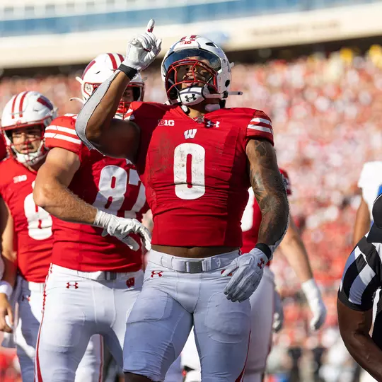 Braelon Allen celebrating after scoring a touchdown against Buffalo on Saturday, Sept. 2, 2023 at Camp Randall Stadium