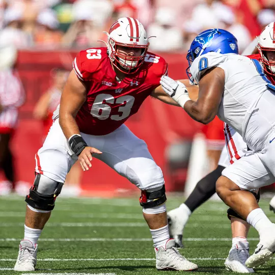 Tanor Bortolini, Wisconsin football, blocking against Buffalo on Saturday, Sept. 2, 2023 at Camp Randall Stadium.