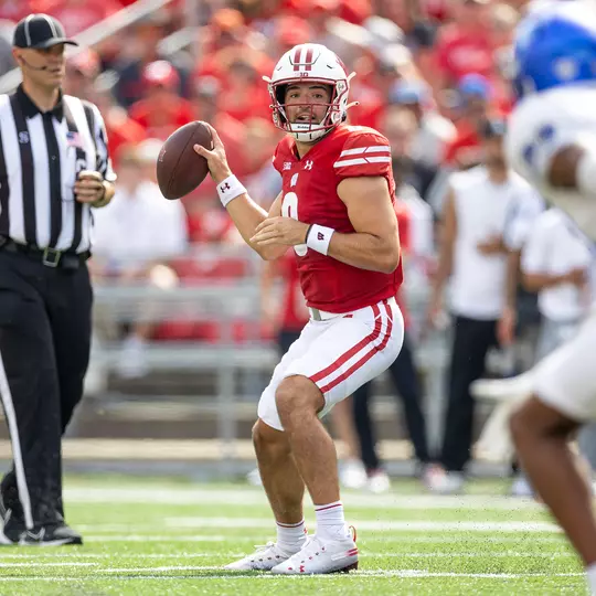 Tanner Mordecai, Wisconsin football quarterback throwing the ball against Buffalo on Saturday, Sept. 2, 2023 at Camp Randall Stadium