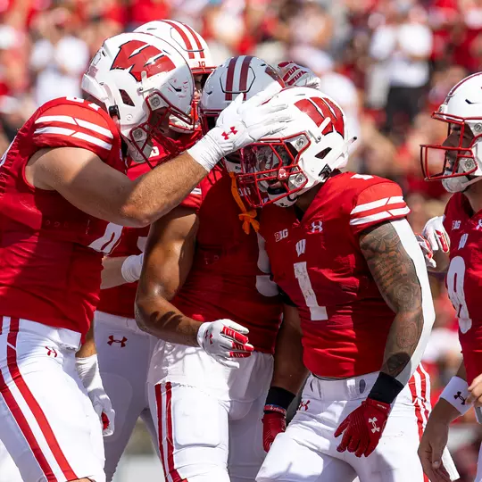 Chez Mellusi, Wisconsin football, celebrates with teammates during game against Buffalo on Saturday, Sept., 2, 2023.