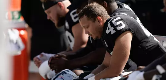 Sep 15, 2019; Oakland, CA, USA; Oakland Raiders fullback Alec Ingold (45) reacts in the game against the Kansas City Chiefs during the third quarter at the Oakland Coliseum. Mandatory Credit: Stan Szeto-USA TODAY Sports