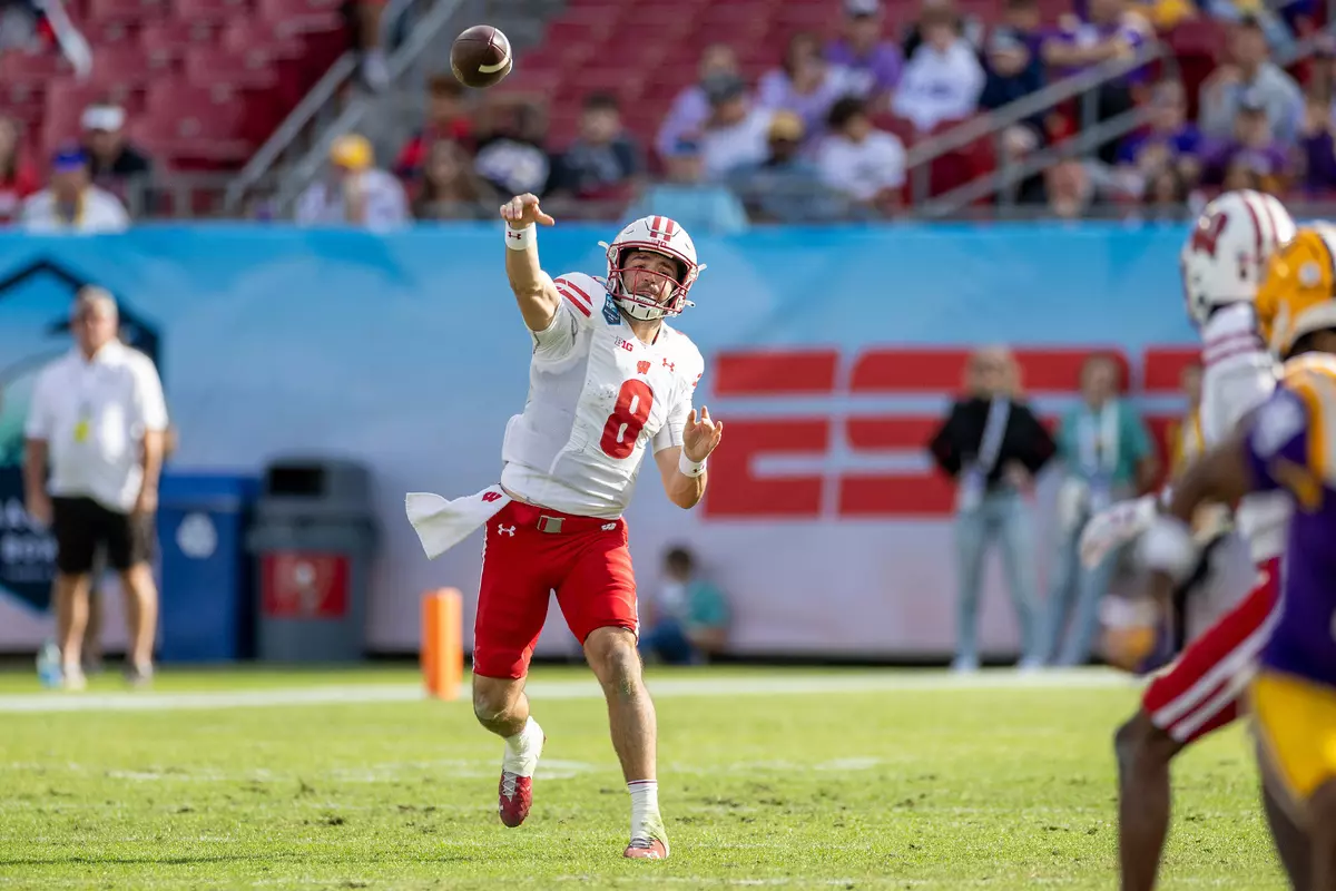Wisconsin quarterback Tanner Mordecai throws the ball downfield during the NCAA football game against LSU for the 2024 ReliaQuest Bowl on Monday, January 1, 2024 in Tampa, Florida.