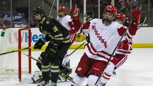 Quinn Finley celebrates scoring a goal against Lindenwood.