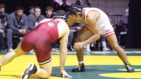 Nicolar Rivera, Wisconsin wrestling, defeated Oklahoma's Jace Koelzer in a major decision during the NCAA dual match at the 2024 Virginia duals on Friday, Jan. 12, 2024 at Hampton Coliseum in Hampton, Virginia.