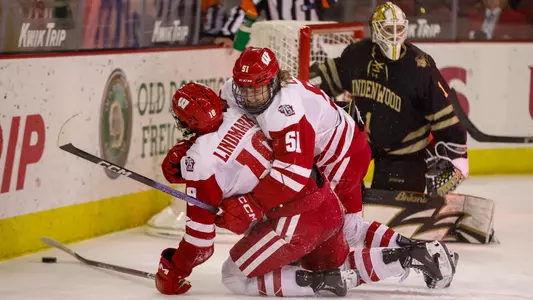 Cruz Lucius and Owen Lindmark celebrate scoring a goal versus Lindenwood.