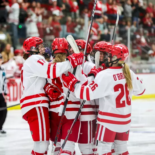 Women's hockey celebrates a goal against Minnesota State