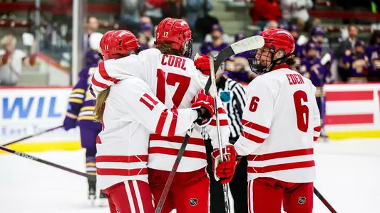Women's Hockey celebrates a goal against Minnesota State