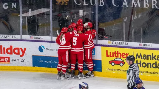 Wisconsin women's hockey celebrates a goal against Minnesota State on Jan. 19, 2023