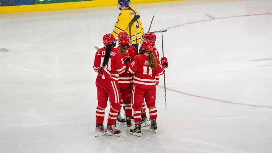 Wisconsin women's hockey celebrates a goal against Minnesota State on Jan. 20, 2024 in Mankato