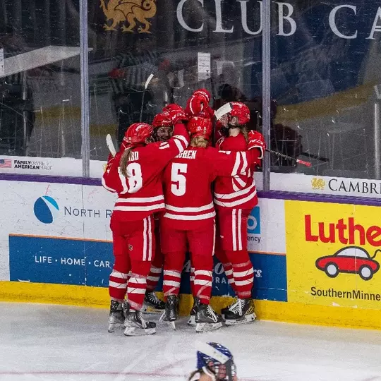 Wisconsin women's hockey celebrates a goal against Minnesota State on Jan. 19, 2024