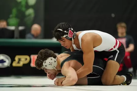 Nicolar Rivera, Wisconsin wrestling, earns a 10-6 decision win over Michigan State's Andy Hampton at Jenison Field House in East Lansing, Michigan on Friday, January 26, 2024 in the Big Ten dual match hosted by the Spartans.