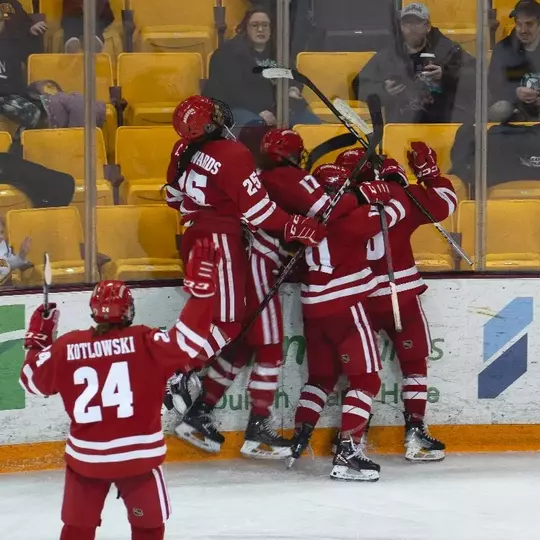 Wisconsin women's hockey celebrates a goal against Minnesota Duluth on Jan. 27, 2024 at AMSOIL Arena