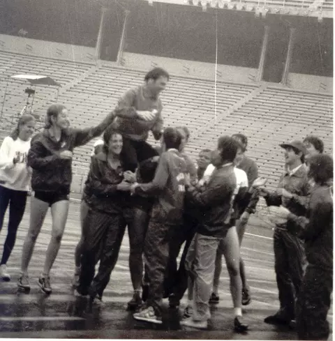 Wisconsin women's track & field team celebrates winning the 1984 Big Ten outdoor championships
