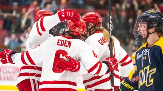 Wisconsin women's hockey celebrates a goal against Merrimack on Jan. 5, 2023 at LaBahn Arena