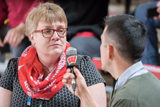 Diane Nordstrom being interviewed by Jon Arias in a game versus Rutgers on Nov. 25, 2017