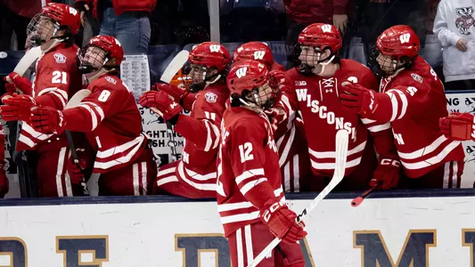 Mathieu De St. Phalle celebrates scoring a goal at Notre Dame with his teammates.