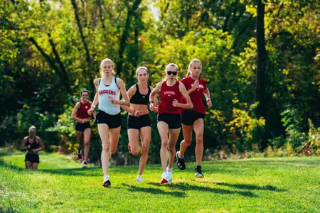 Shea Ruhly, Fiona McLoughlin, Annika Cutforth, and Leane Willemse pace together at the Thomas Zimmer Championship Cross Country Course in preparation for the Wisconsin Pre-Nationals.