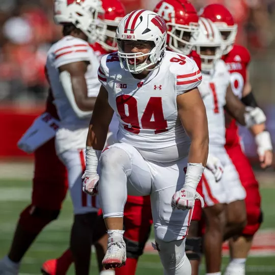 Wisconsin Badgers defensive lineman Elijah Hills (94) celebrates during a Big Ten Conference NCAA college football game against the Rutgers Scarlet Knights, Saturday, Oct. 12, 2024, in Piscataway, NJ. The Badgers won 42-7. (Photo by David Stluka/Wisconsin Athletic Communications)