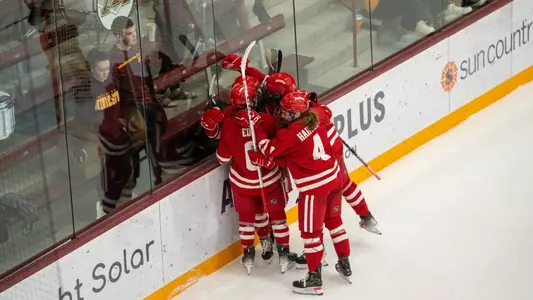 The Badgers celebrate a goal against the Golden Gophers