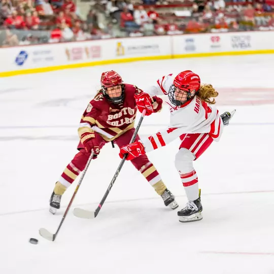 The Badger Women’s Hockey team defeats Boston College 5-3 in the LaBahn Center at the University of Wisconsin- Madison on October 4, 2023. (Photo by Taylor Wolfram / UW-Athletics)