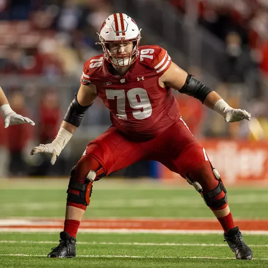 Wisconsin Badgers offensive lineman Jack Nelson (79) blocks during the Big Ten Conference NCAA college football game against the Penn State Nittany Lions, Saturday, Oct. 26, 2024, in Madison, Wis. The Nittany Lions won 28-13. (Photo by David Stluka/Wisconsin Athletic Communications)