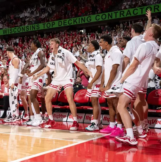 The bench celebrates against No. 9 Arizona
