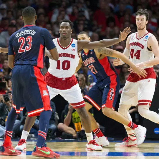Wisconsin Badgers forward Nigel Hayes (10) plays defense during a college basketball Elite 8 West Regional game in the NCAA Tournament against the Arizona Wildcats Thursday, March 28, 2015, in Los Angeles.The Badgers won 85-78. (Photo by David Stluka)