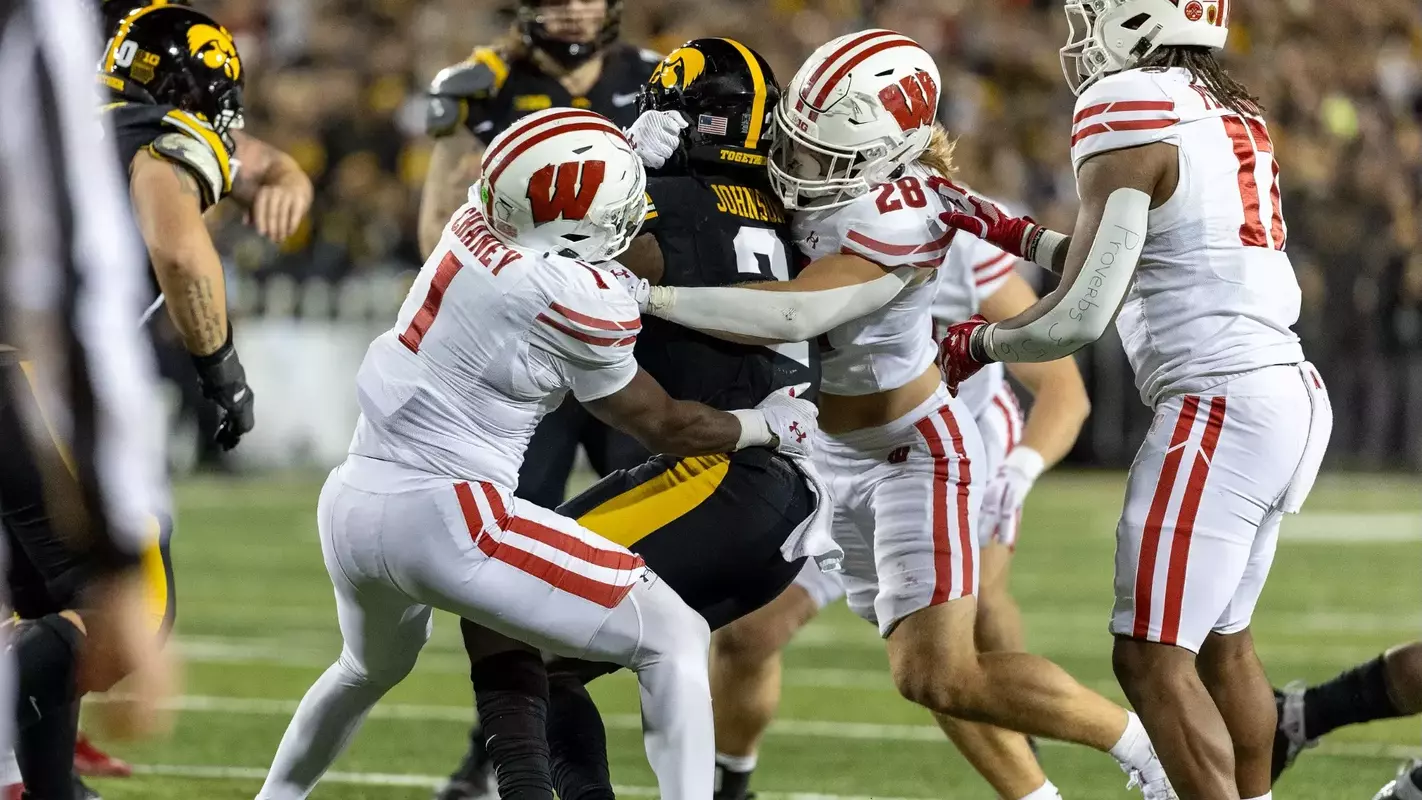 Wisconsin Badgers during a Big Ten Conference NCAA college football game against the Iowa Hawkeyes, Saturday, Nov. , 2024 in Iowa City, Iowa. (Photo by David Stluka/Wisconsin Athletic Communications)