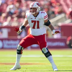 Wisconsin Badgers offensive lineman Riley Mahlman (71) blocks during a Big Ten Conference NCAA college football game against the USC Trojans, Saturday, Sept. 28, 2024, in Los Angeles, Cal. USC won 38-21. (Photo by David Stluka/Wisconsin Athletic Communications)