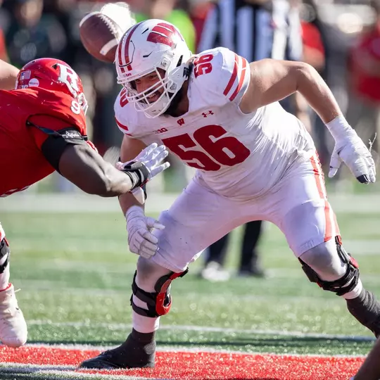 Wisconsin Badgers offensive lineman Joe Brunner (56) blocks during a Big Ten Conference NCAA college football game against the Rutgers Scarlet Knights, Saturday, Oct. 12, 2024, in Piscataway, NJ. The Badgers won 42-7. (Photo by David Stluka/Wisconsin Athletic Communications)