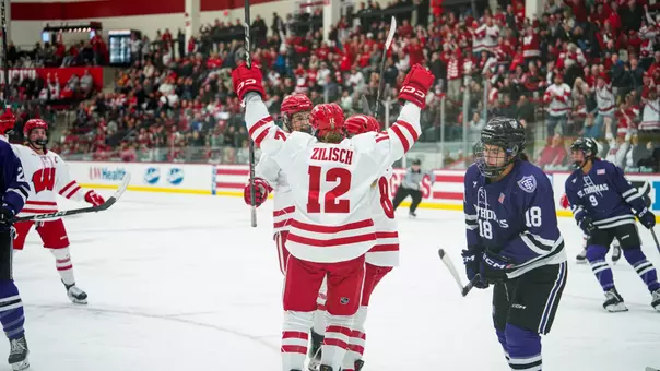 McKayla Zilisch celebrates a goal with teammates during a game against St. Thomas