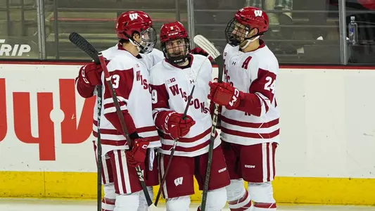 Wisconsin men's hockey team celebrates scoring a goal against Alaska Anchorage