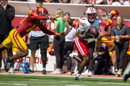 Wisconsin Badgers wide receiver Vinny Anthony II (8) catches a touchdown pass during a Big Ten Conference NCAA college football game against the USC Trojans, Saturday, Sept. 28, 2024, in Los Angeles, Cal. USC won 38-21. (Photo by David Stluka/Wisconsin Athletic Communications)