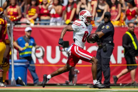Wisconsin Badgers wide receiver Vinny Anthony II (8) catches a touchdown pass during a Big Ten Conference NCAA college football game against the USC Trojans, Saturday, Sept. 28, 2024, in Los Angeles, Cal. USC won 38-21. (Photo by David Stluka/Wisconsin Athletic Communications)