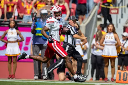Wisconsin Badgers wide receiver Vinny Anthony II (8) catches a touchdown pass during a Big Ten Conference NCAA college football game against the USC Trojans, Saturday, Sept. 28, 2024, in Los Angeles, Cal. USC won 38-21. (Photo by David Stluka/Wisconsin Athletic Communications)