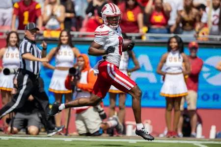 Wisconsin Badgers wide receiver Vinny Anthony II (8) catches a touchdown pass during a Big Ten Conference NCAA college football game against the USC Trojans, Saturday, Sept. 28, 2024, in Los Angeles, Cal. USC won 38-21. (Photo by David Stluka/Wisconsin Athletic Communications)