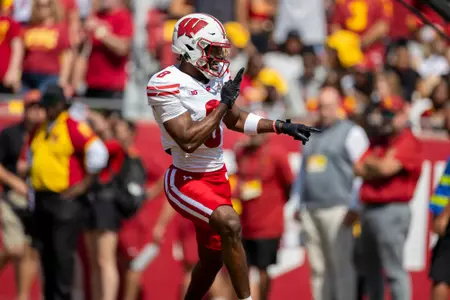 Wisconsin Badgers wide receiver Vinny Anthony II (8) celebrates a touchdown pass during a Big Ten Conference NCAA college football game against the USC Trojans, Saturday, Sept. 28, 2024, in Los Angeles, Cal. USC won 38-21. (Photo by David Stluka/Wisconsin Athletic Communications)