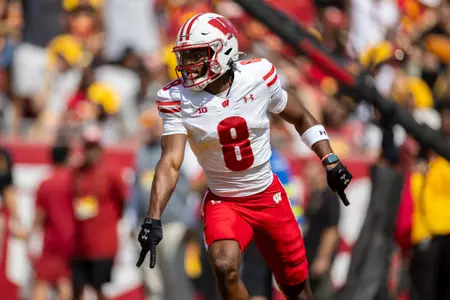 Wisconsin Badgers wide receiver Vinny Anthony II (8) celebrates a touchdown pass during a Big Ten Conference NCAA college football game against the USC Trojans, Saturday, Sept. 28, 2024, in Los Angeles, Cal. USC won 38-21. (Photo by David Stluka/Wisconsin Athletic Communications)