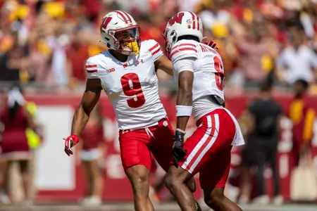 Wisconsin Badgers wide receiver Vinny Anthony II (8) celebrates a touchdown reception with teammates Bryson Green (9) during a Big Ten Conference NCAA college football game against the USC Trojans, Saturday, Sept. 28, 2024, in Los Angeles, Cal. USC won 38-21. (Photo by David Stluka/Wisconsin Athletic Communications)