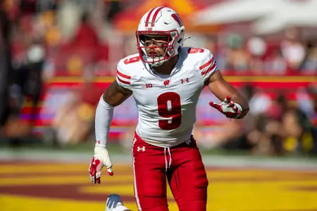 Wisconsin Badgers safety Austin Brown (9) defends during a Big Ten Conference NCAA college football game against the USC Trojans, Saturday, Sept. 28, 2024, in Los Angeles, Cal. USC won 38-21. (Photo by David Stluka/Wisconsin Athletic Communications)