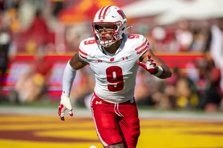 Wisconsin Badgers safety Austin Brown (9) defends during a Big Ten Conference NCAA college football game against the USC Trojans, Saturday, Sept. 28, 2024, in Los Angeles, Cal. USC won 38-21. (Photo by David Stluka/Wisconsin Athletic Communications)