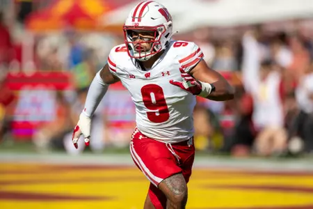 Wisconsin Badgers safety Austin Brown (9) defends during a Big Ten Conference NCAA college football game against the USC Trojans, Saturday, Sept. 28, 2024, in Los Angeles, Cal. USC won 38-21. (Photo by David Stluka/Wisconsin Athletic Communications)